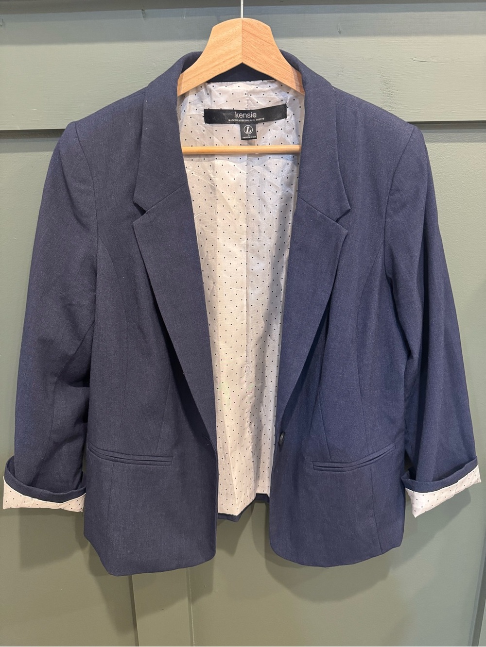 Kensie Navy Open-Front Blazer with Polka Dot Lining